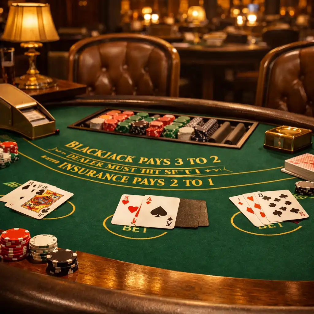 Stół do blackjacka z kartami w eleganckim otoczeniu kasyna offline