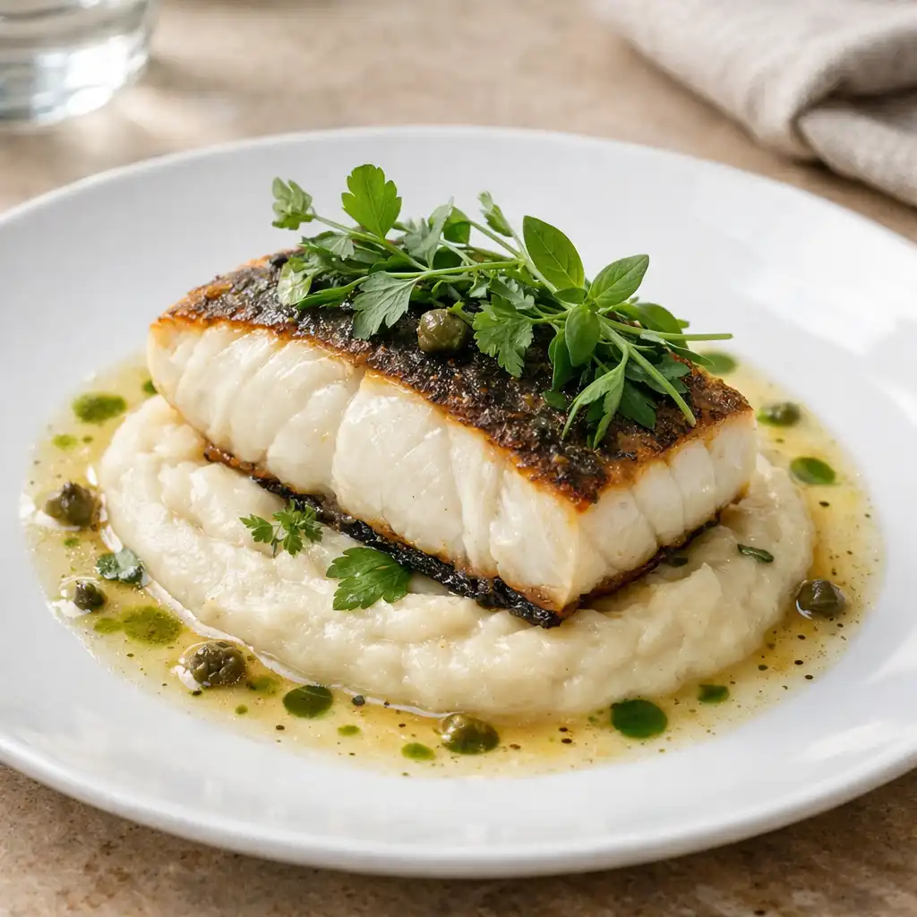 Halibut pieczony na skórce z puree z topinamburu