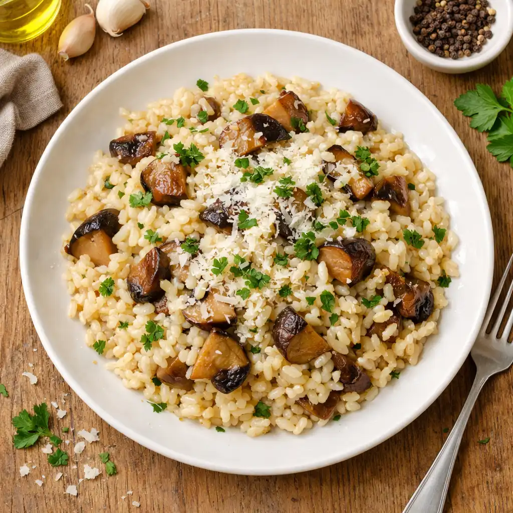 Risotto z borowikami z parmezanem i natką pietruszki na płytkim talerzu
