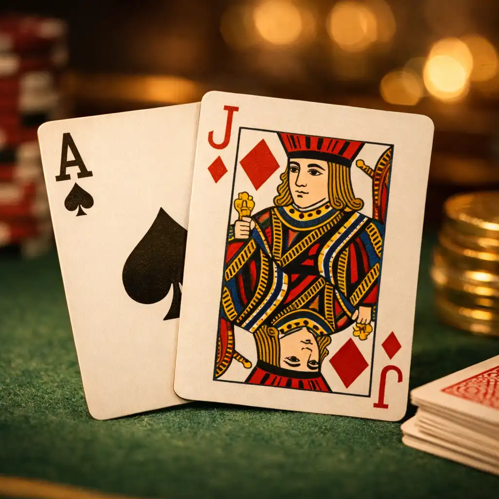 Zbliżenie na karty do blackjacka w ciepłym świetle