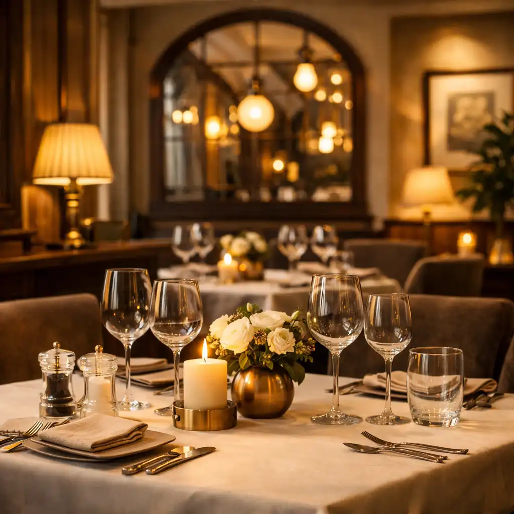 Fragment wnętrza restauracji z detalami i eleganckim wystrojem