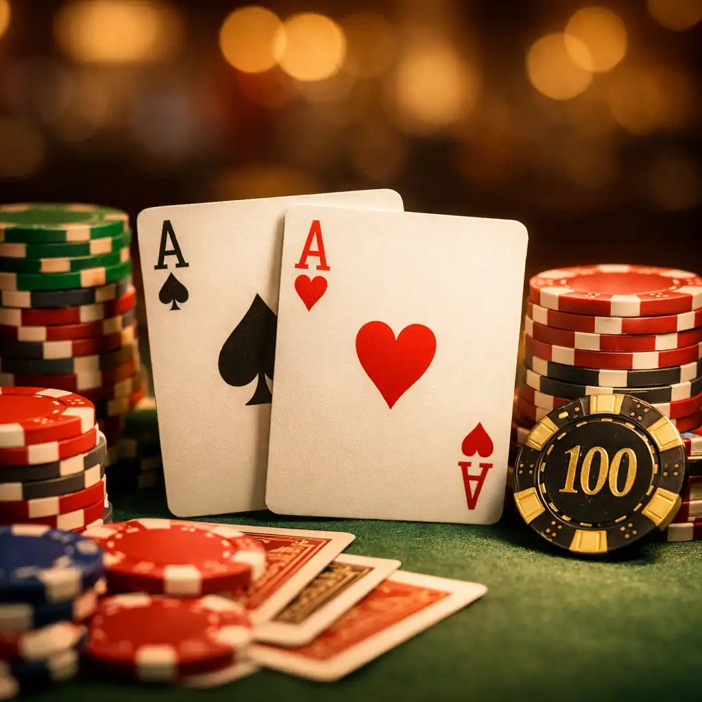 Zbliżenie na karty i żetony pokerowe w ciepłym świetle