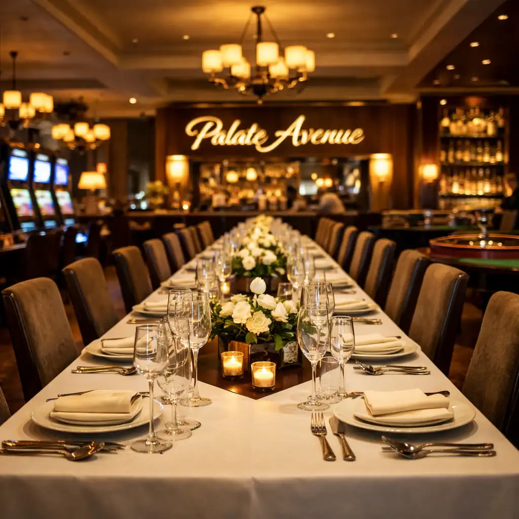 Wnętrze restauracji Palate Avenue z eleganckimi stołami, ciepłym oświetleniem i perspektywą długiego stołu