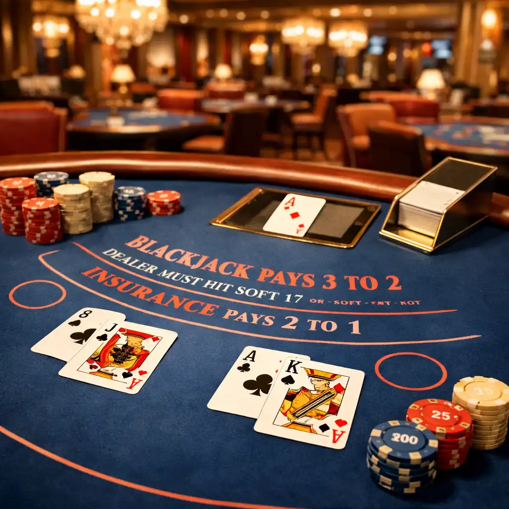 Stół do blackjacka z kartami i żetonami widziany z góry pod kątem