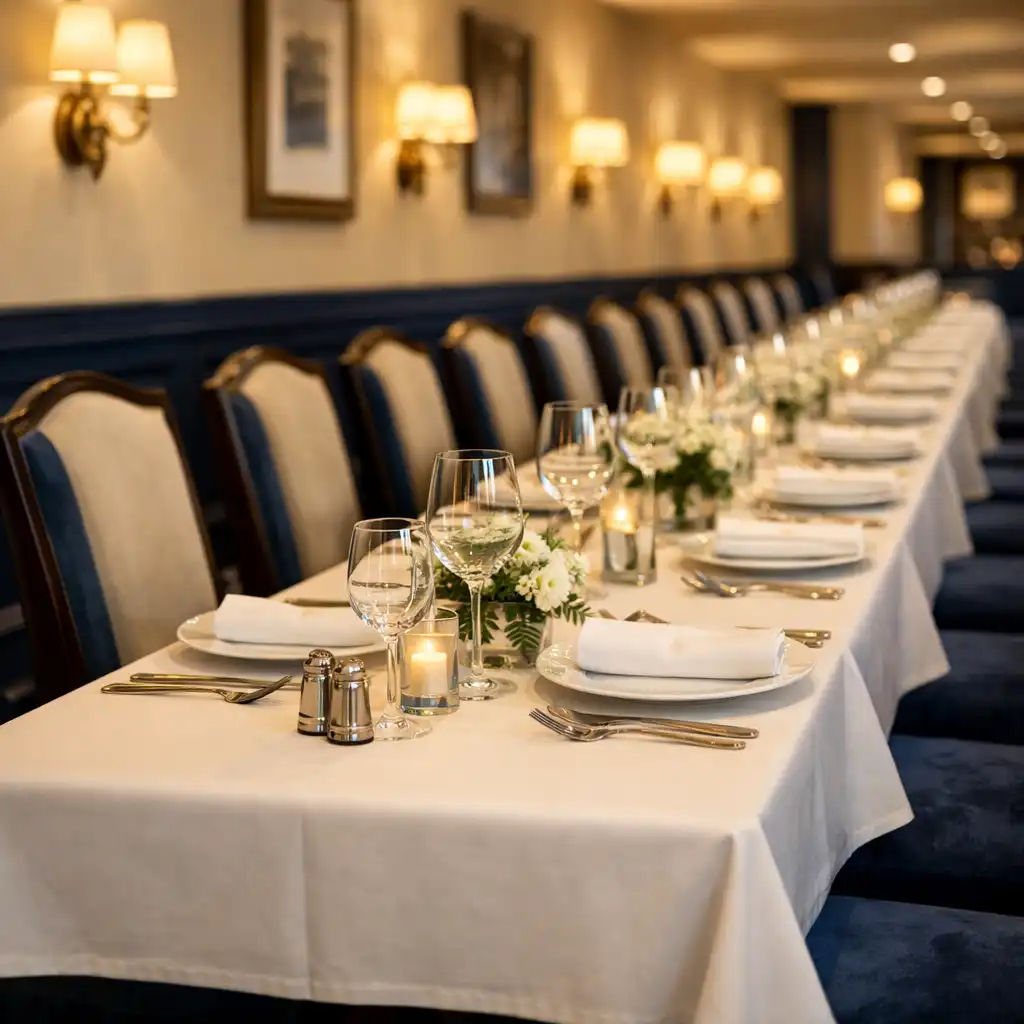 Długi stół w restauracji Palate Avenue z nakryciami, perspektywa zbiegająca się w oddali, eleganckie krzesła i ciepłe światło