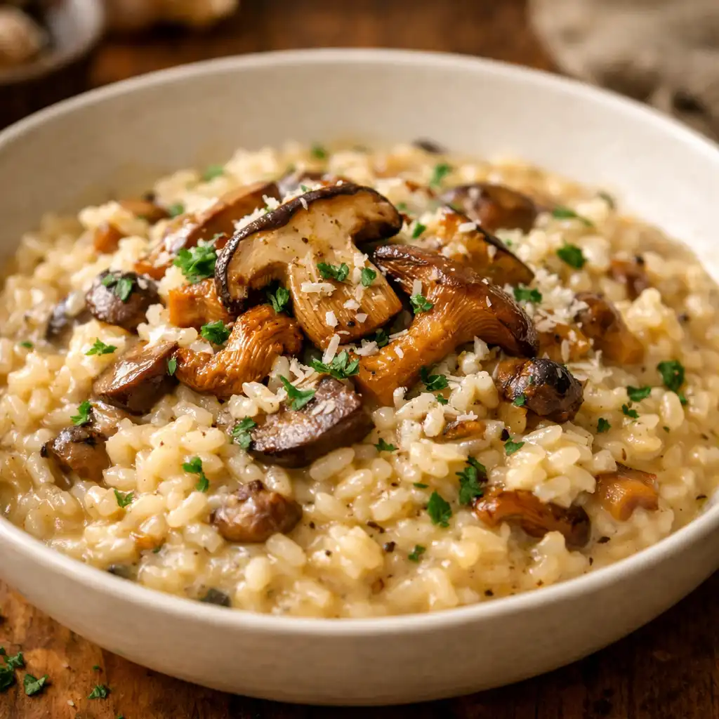 Risotto z grzybami leśnymi w głębokim talerzu