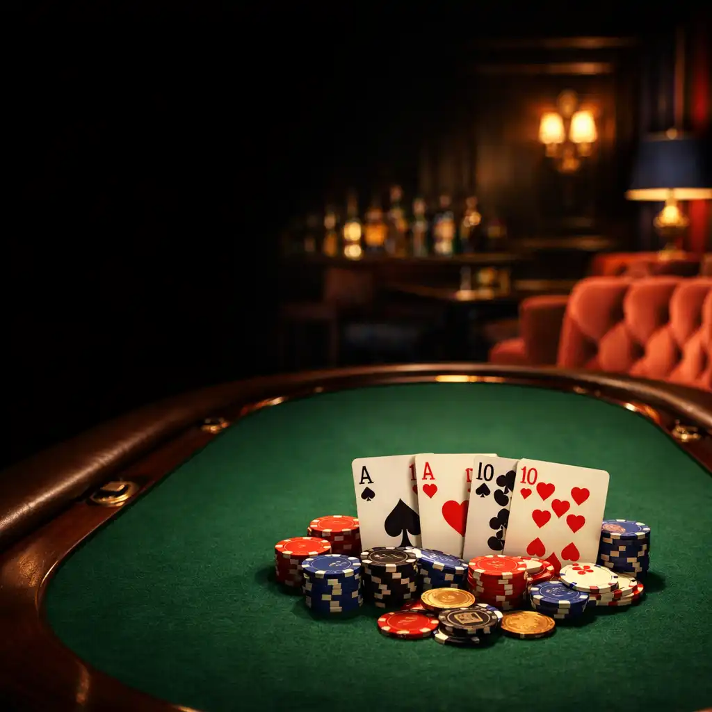 Elegancki stół pokerowy w ciemnym, luksusowym wnętrzu, z perspektywy końca stołu, z zielonym suknem, kartami i żetonami