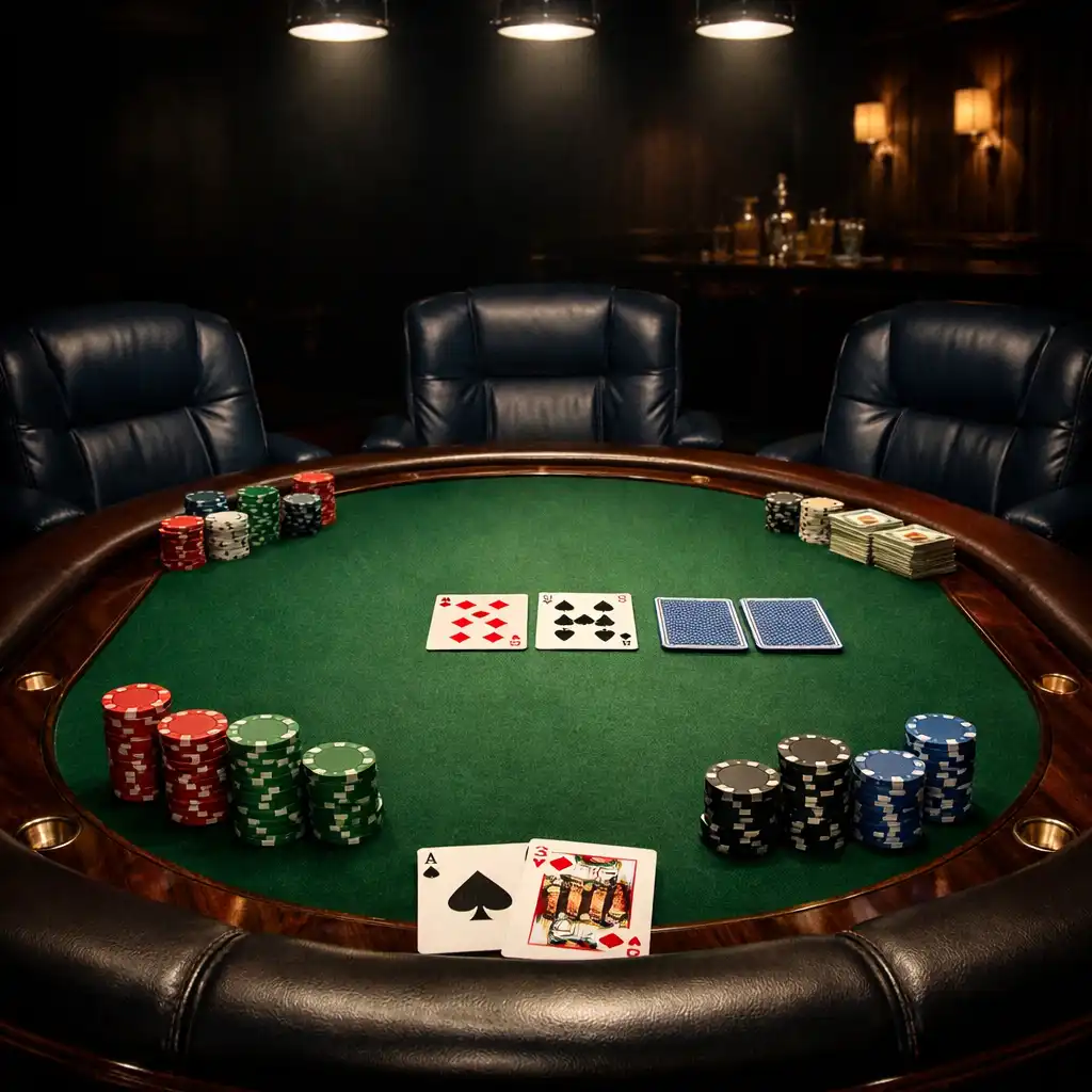 Stół pokerowy z perspektywy, otoczony skórzanymi fotelami w kolorze granatowym, z zielonym suknem, żetonami i kartami
