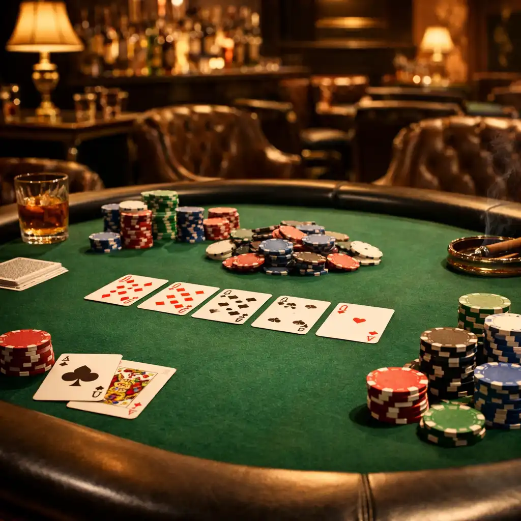 Stół pokerowy z zielonym suknem, kartami i żetonami w eleganckim otoczeniu kasyna offline