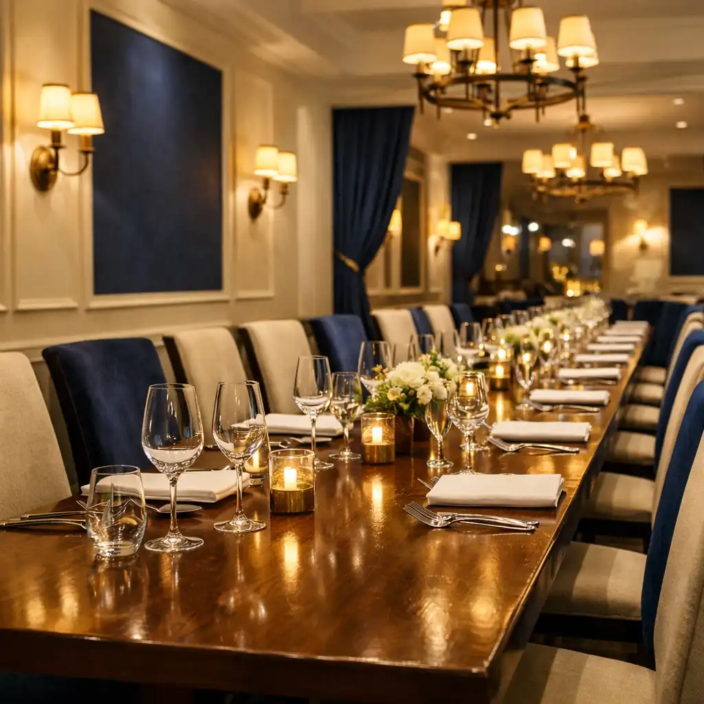 Wnętrze restauracji Palate Avenue z długim stołem, eleganckimi krzesłami i ciepłym oświetleniem