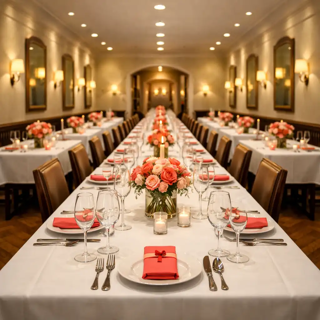 Elegancka sala restauracyjna Palate Avenue z długim stołem w perspektywie, ciepłe oświetlenie i kremowe ściany