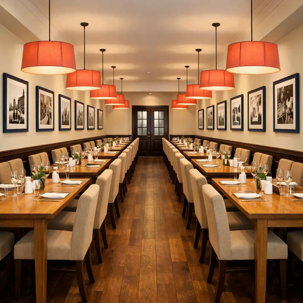 Widok na główną salę restauracyjną Palate Avenue z rzędami stołów i centralną alejką